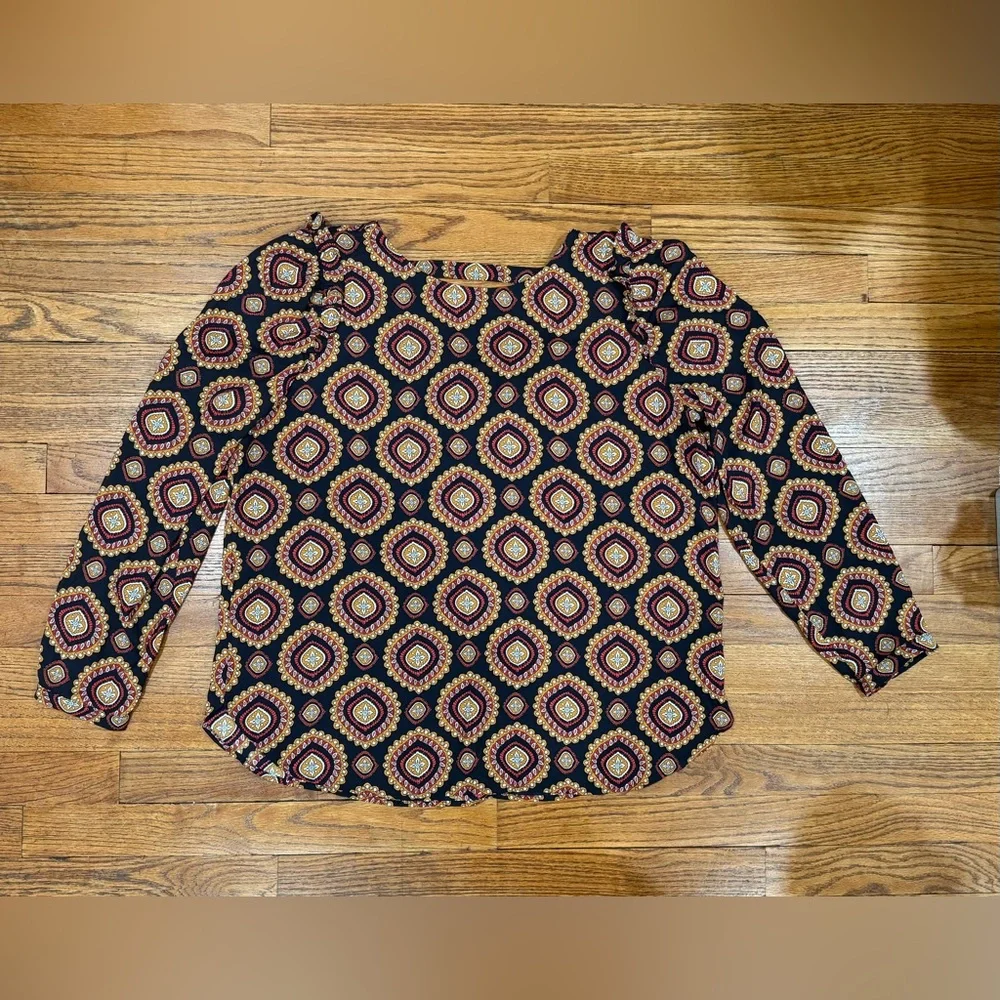 LOFT Ruffle Shoulder Blouse Bar Back Print Fall Top Blouse Women’s Size Large - Picture 1 of 6